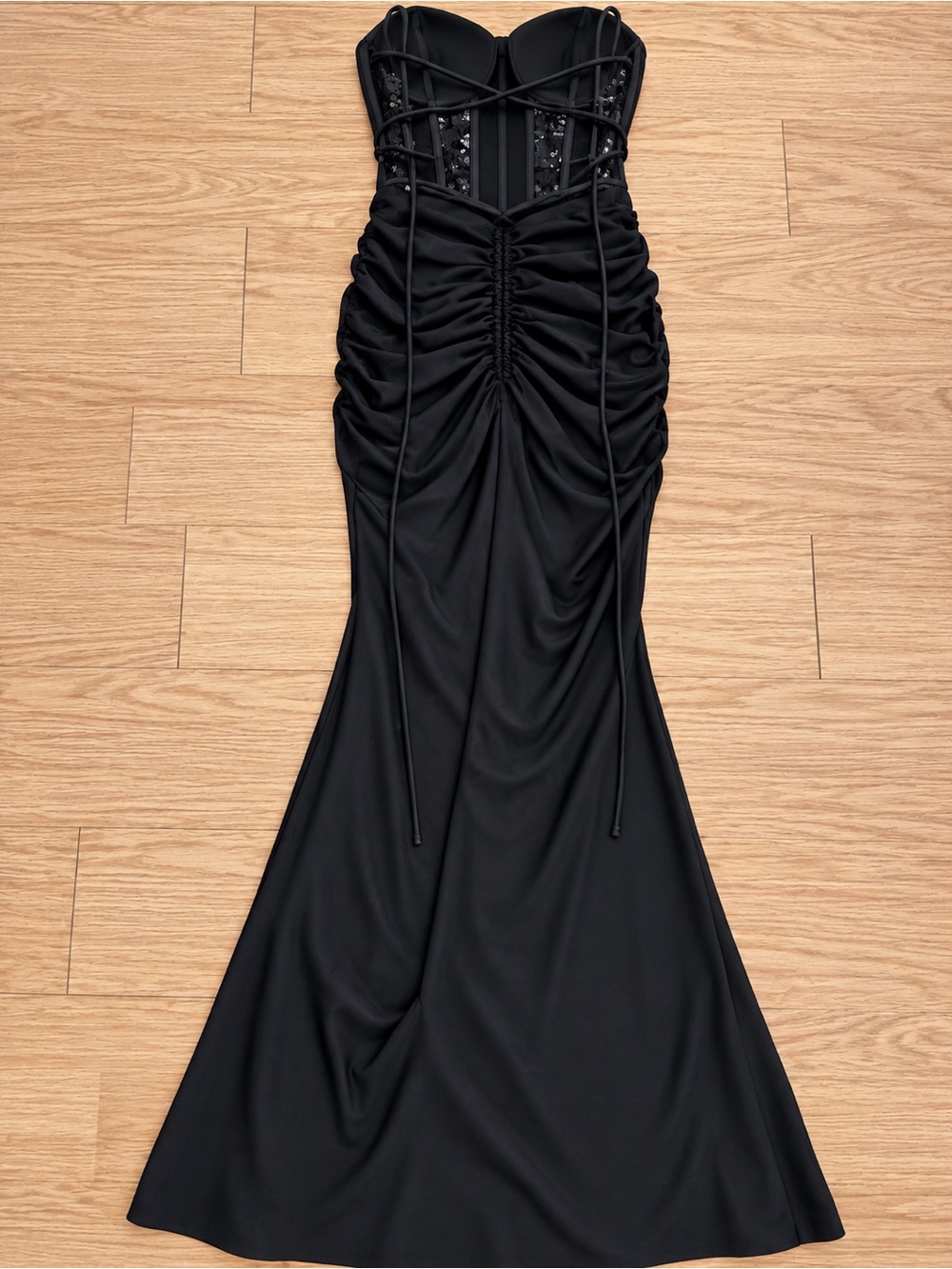 Black Ruched Corset-Style Elegant Dress.